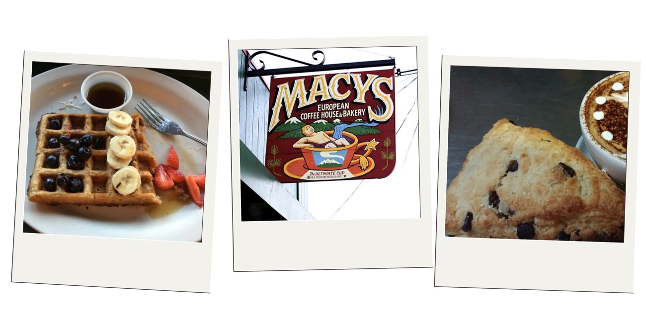 Polaroid photos of a waffle, a scone, and a painted Macy's coffee house sign