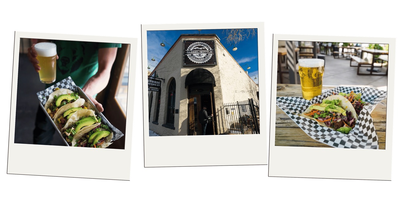 Polaroid photos of tacos, a beer, and a stone brewhouse storefront