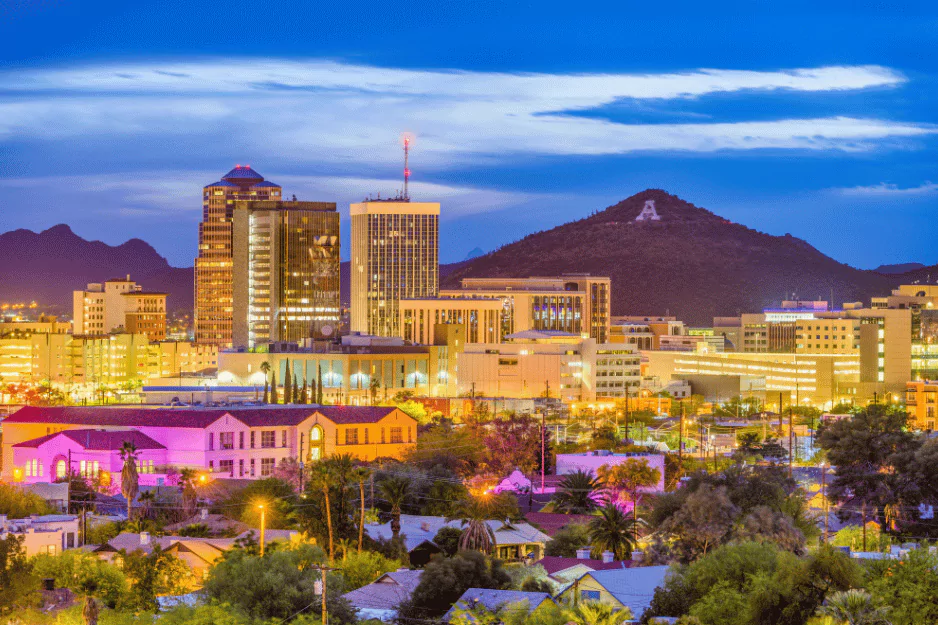 Tucson skyline at dusk with the A on Sentinel Peak in the background