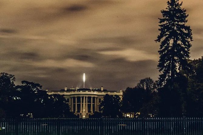 The White House lit at night under a cloudy sky with a tall dark tree