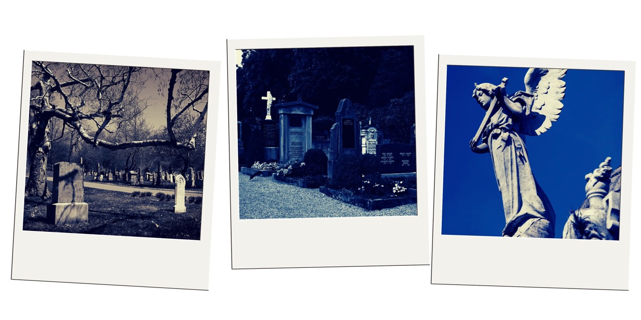 Polaroid trio of a wintry cemetery, historic gravestones, and a stone angel statue