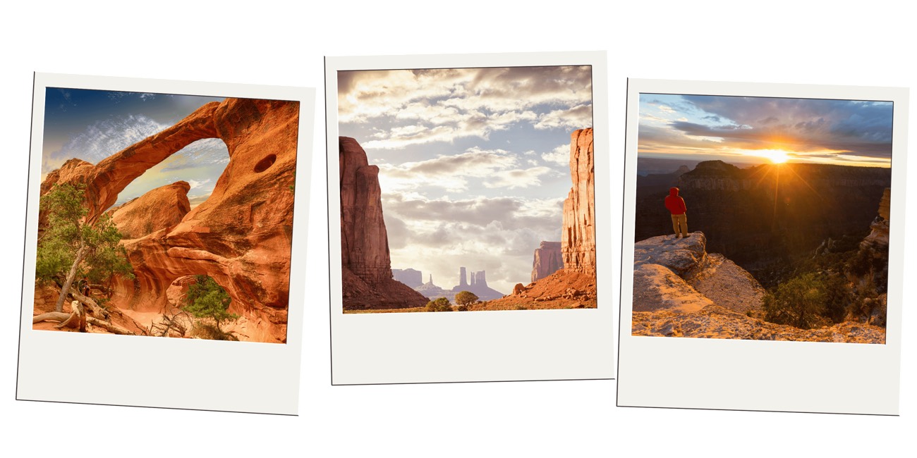 Polaroid trio of red rock desert arches, canyon spires, and a hiker at sunset