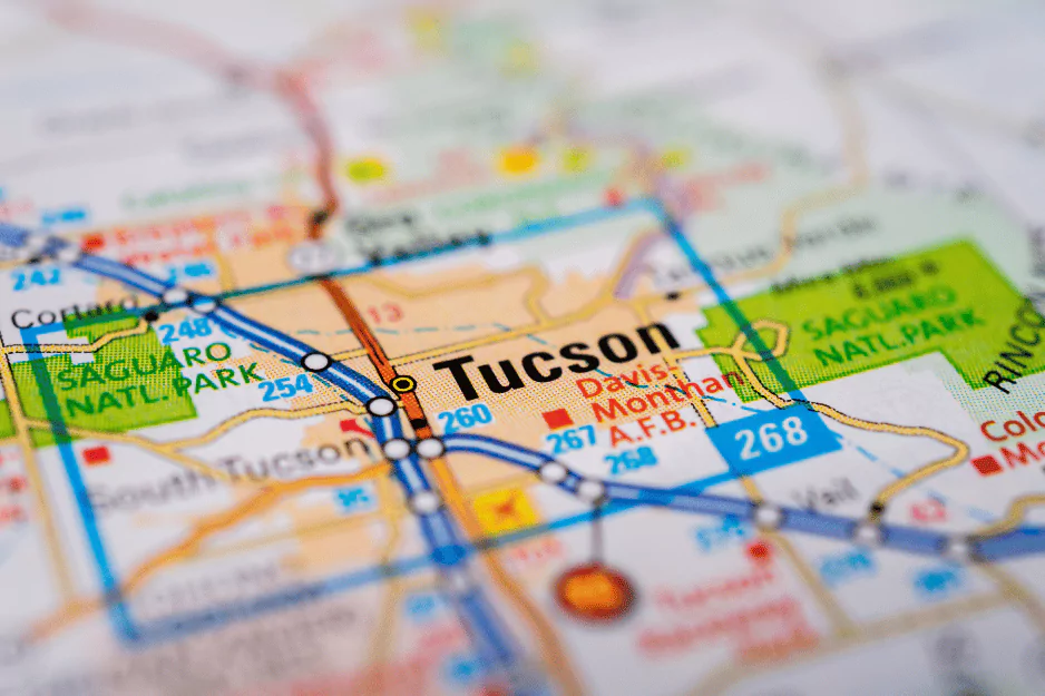 Close-up of a road map centered on Tucson, Arizona with Saguaro National Park