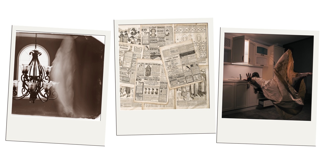 Three polaroids of a chandelier with mist, vintage newspaper ads, and a ghostly draped figure