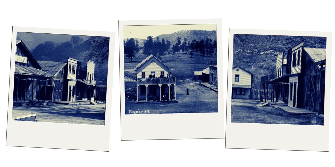 Three blue-toned vintage polaroids of early Flagstaff wood-frame buildings and streets