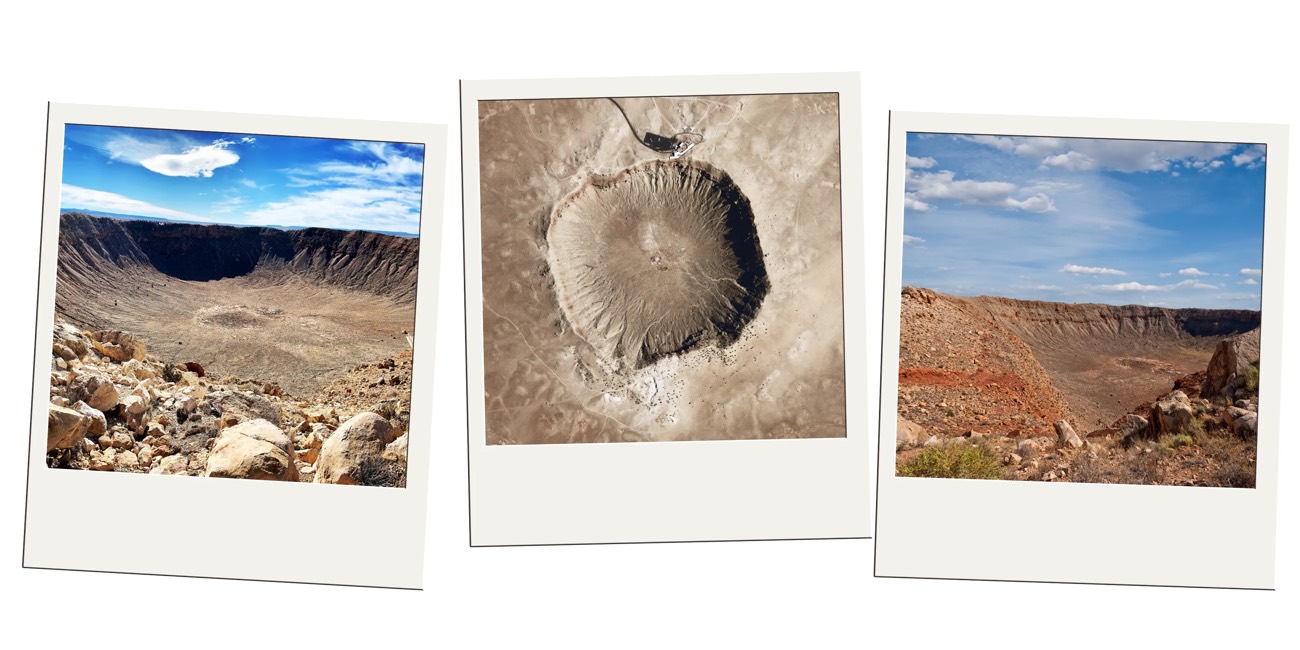 Three polaroids of Meteor Crater, including an aerial view of the impact site