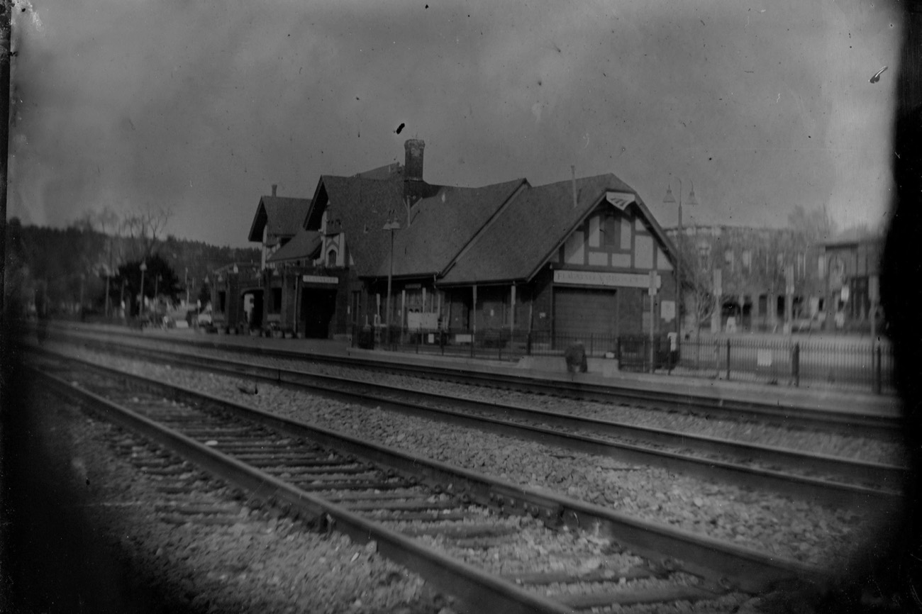 The historic train station area of downtown Flagstaff at night