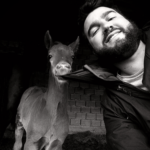 Black-and-white portrait of a smiling bearded man leaning next to a foal