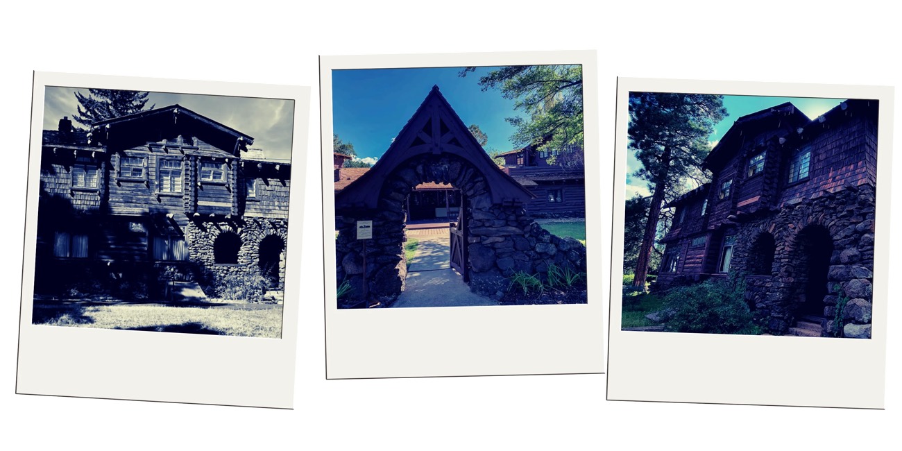 Three polaroids of a log and stone Arts and Crafts mansion among pines