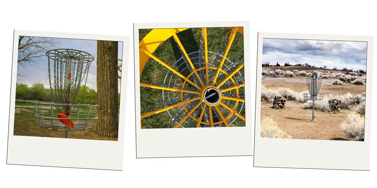 Three polaroid shots of chain disc golf baskets on wooded and desert courses
