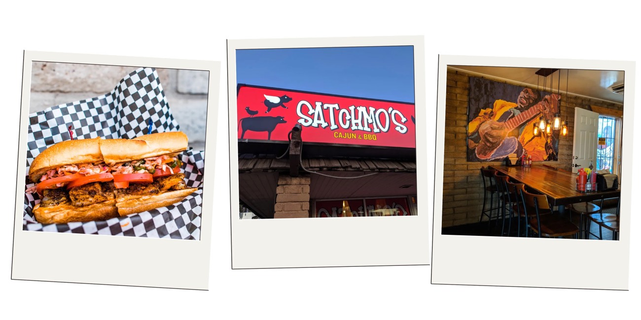 Polaroids of a po'boy sandwich, the Satchmo's Cajun and BBQ sign, and a mural-lined dining room