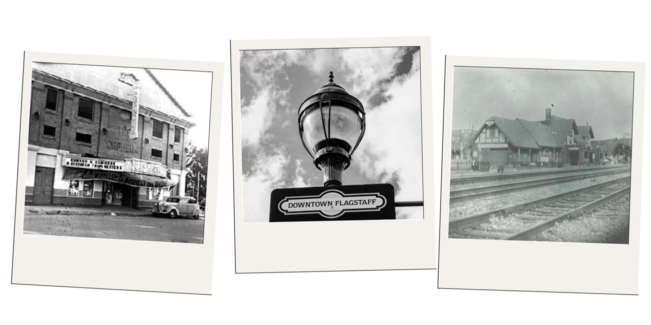 Vintage black-and-white polaroids of downtown Flagstaff buildings, a lamp sign, and a train depot