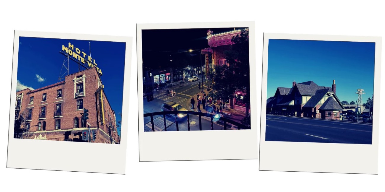 Polaroids of the lit Hotel Monte Vista sign, a night street scene, and a Tudor-style depot