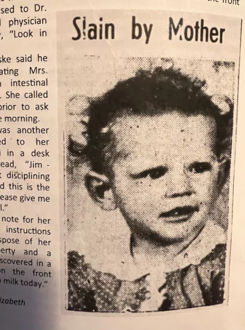 Vintage newspaper clipping headlined Slain by Mother showing a young child