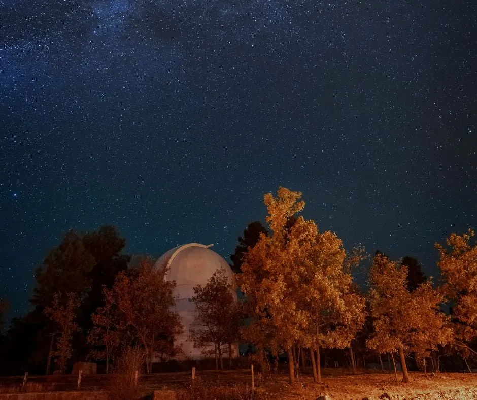 Domed observatory framed by autumn trees under a star-filled night sky