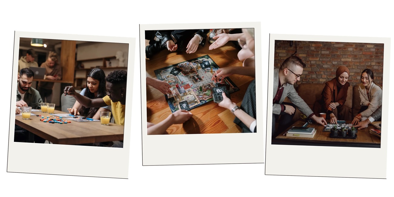 Three snapshots of people gathered around tables playing board games indoors