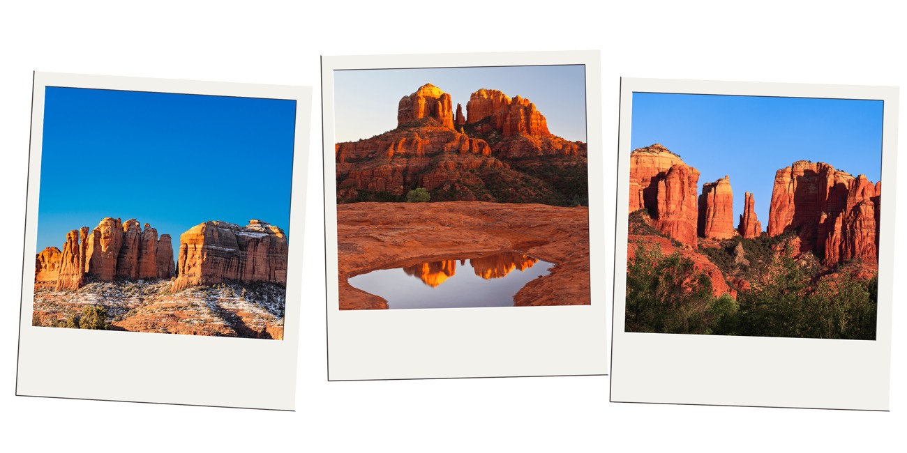 Three snapshots of red rock buttes and formations under blue sky