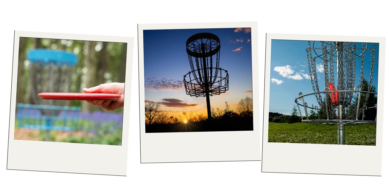 Polaroid collage of a red disc, a disc golf basket at sunset, and a chain basket
