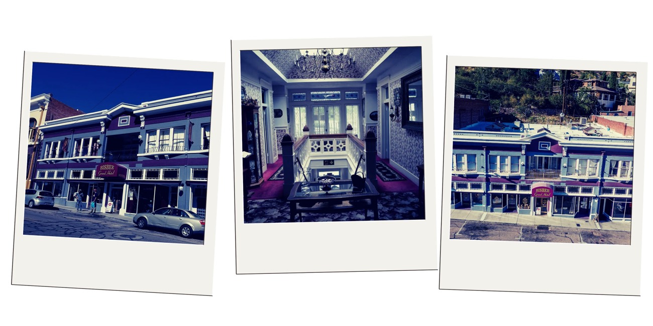 Polaroid collage of the Bisbee Grand Hotel exterior and its Victorian lobby