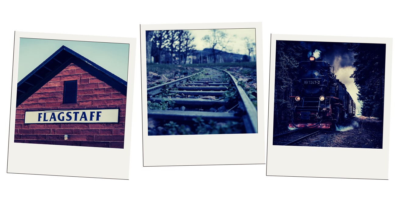 Polaroid collage of a Flagstaff sign, railroad tracks, and a steam locomotive