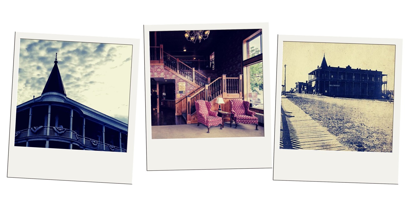 Polaroid collage of a Victorian hotel turret, a wood-staircase lobby, and a sepia historic hotel