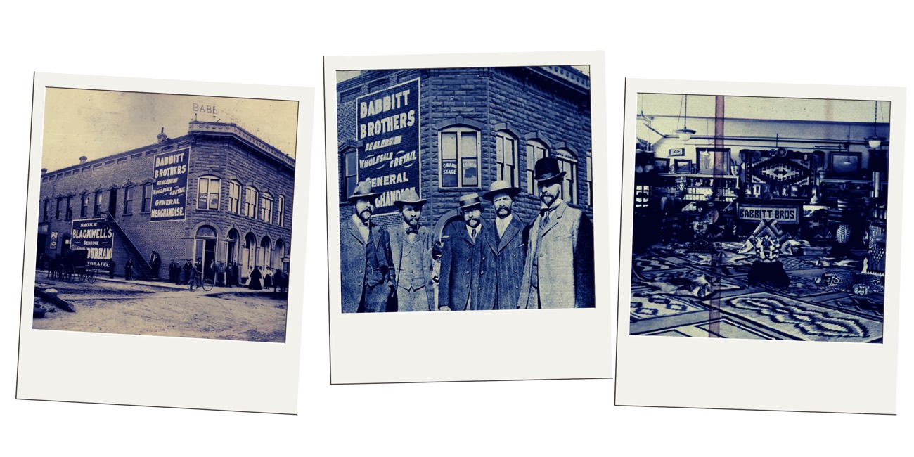 Polaroid collage of the historic Babbitt Brothers store, five men in suits, and a rug-filled interior