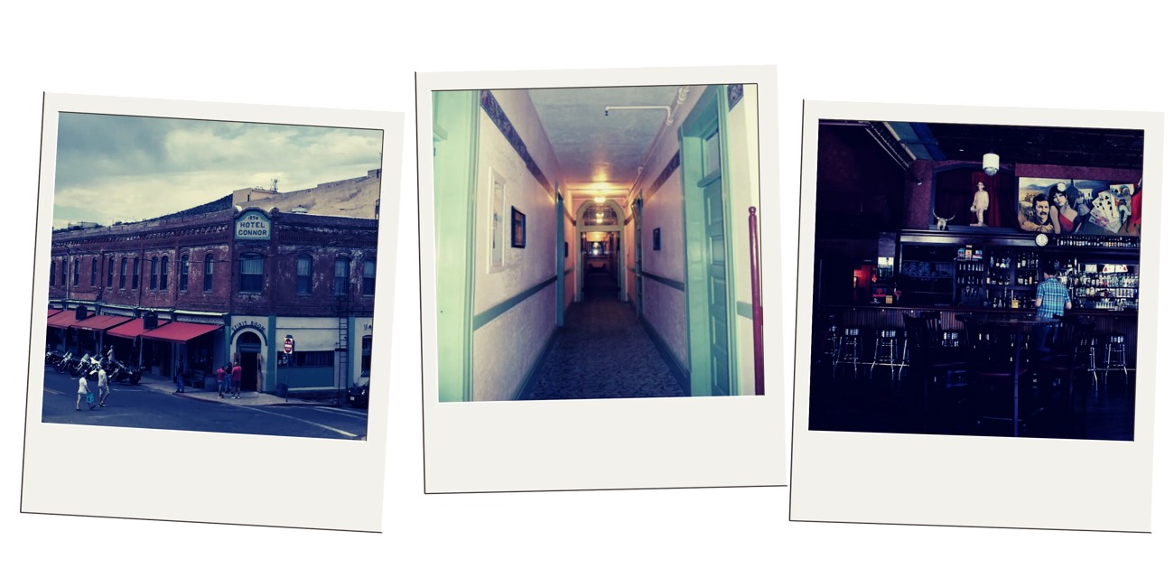 Polaroid collage of the brick Hotel Connor, a hallway, and a dim bar interior