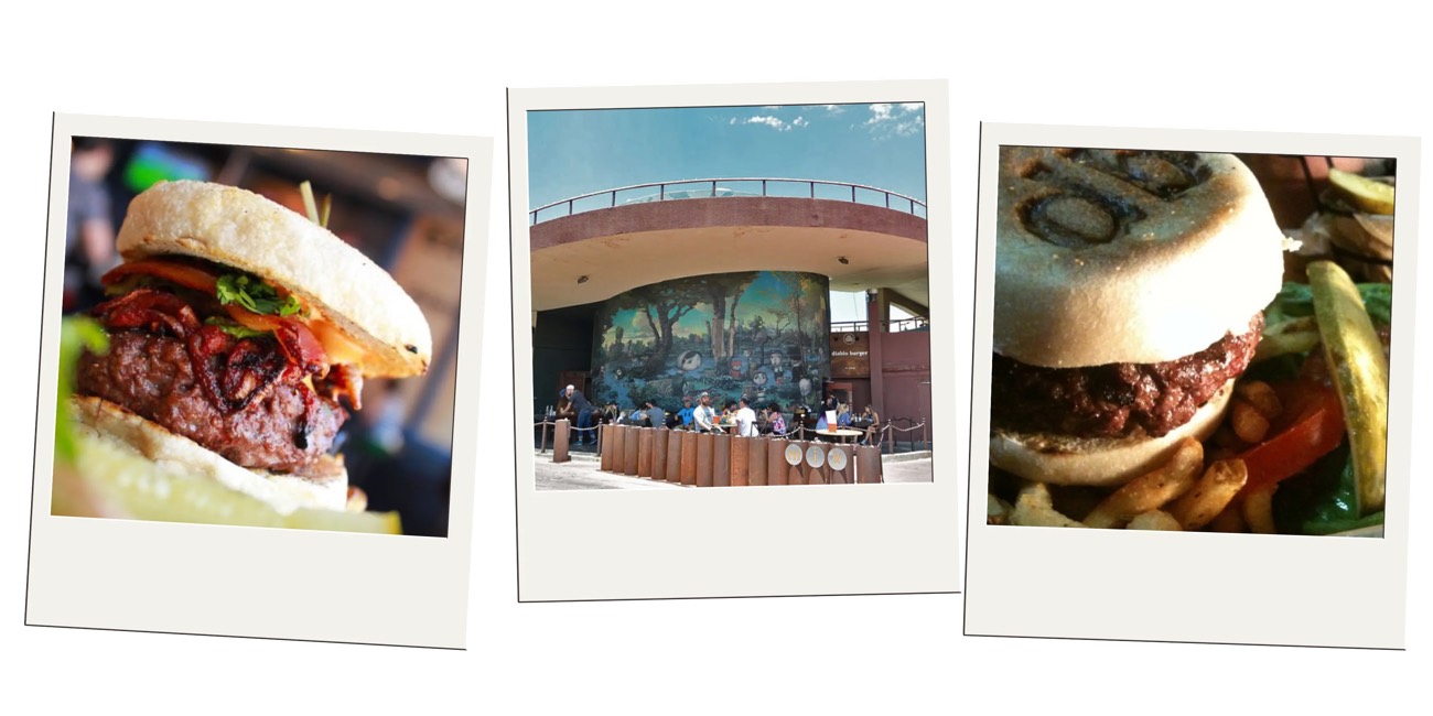 Polaroid collage of gourmet burgers and the Diablo Burger patio in downtown Flagstaff