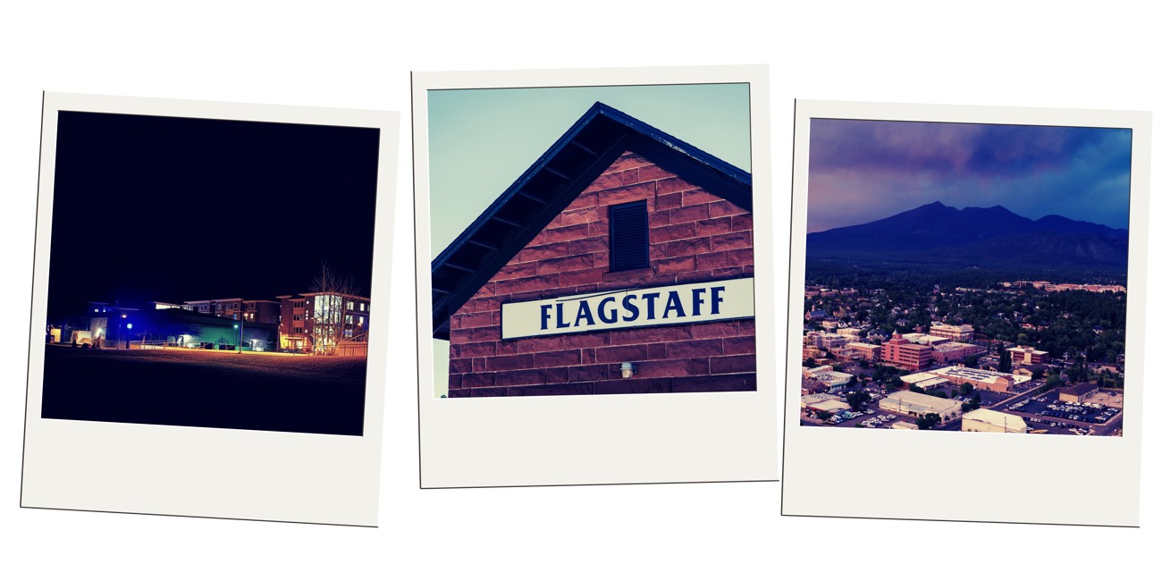 Polaroid collage of Flagstaff at night, a stone Flagstaff sign, and aerial town view