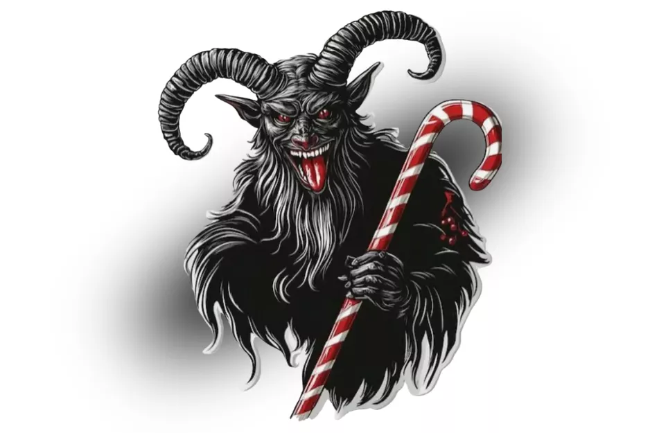 Illustration of horned Krampus gripping a red-striped candy cane