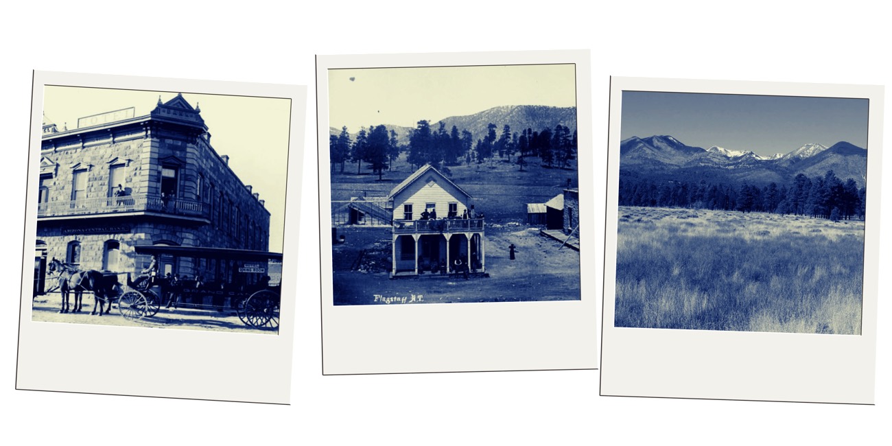 Vintage polaroid trio of an old stone bank, a frame house, and snow-capped peaks