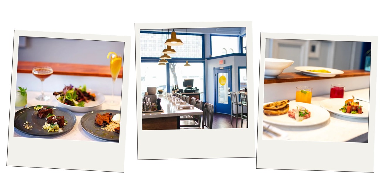 Polaroid trio of plated small dishes, a bright dining room, and cocktails at a restaurant