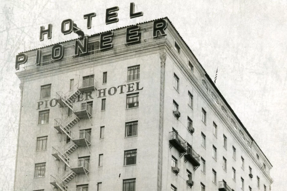 Vintage view of the Pioneer Hotel with its rooftop sign in downtown Tucson