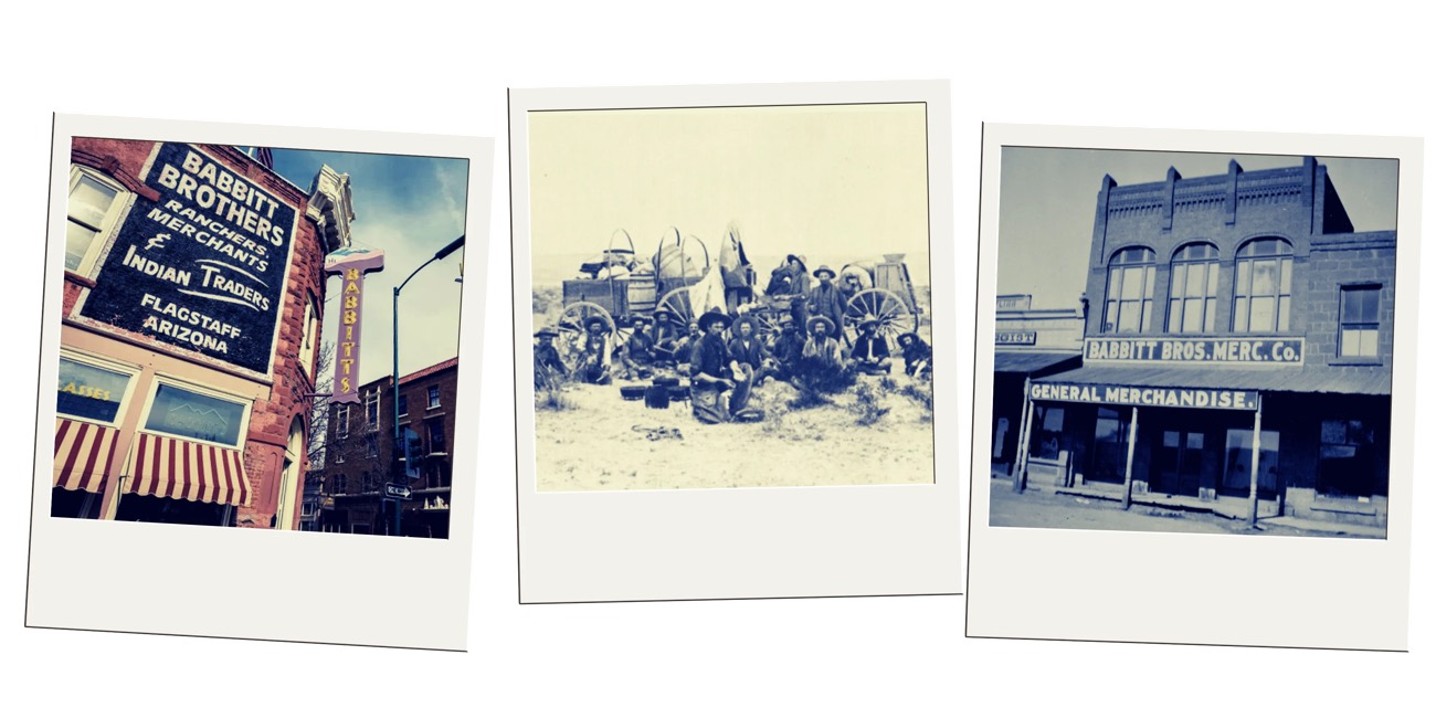 Vintage polaroid trio of Babbitt Brothers signage, a wagon crew, and the merchandise store