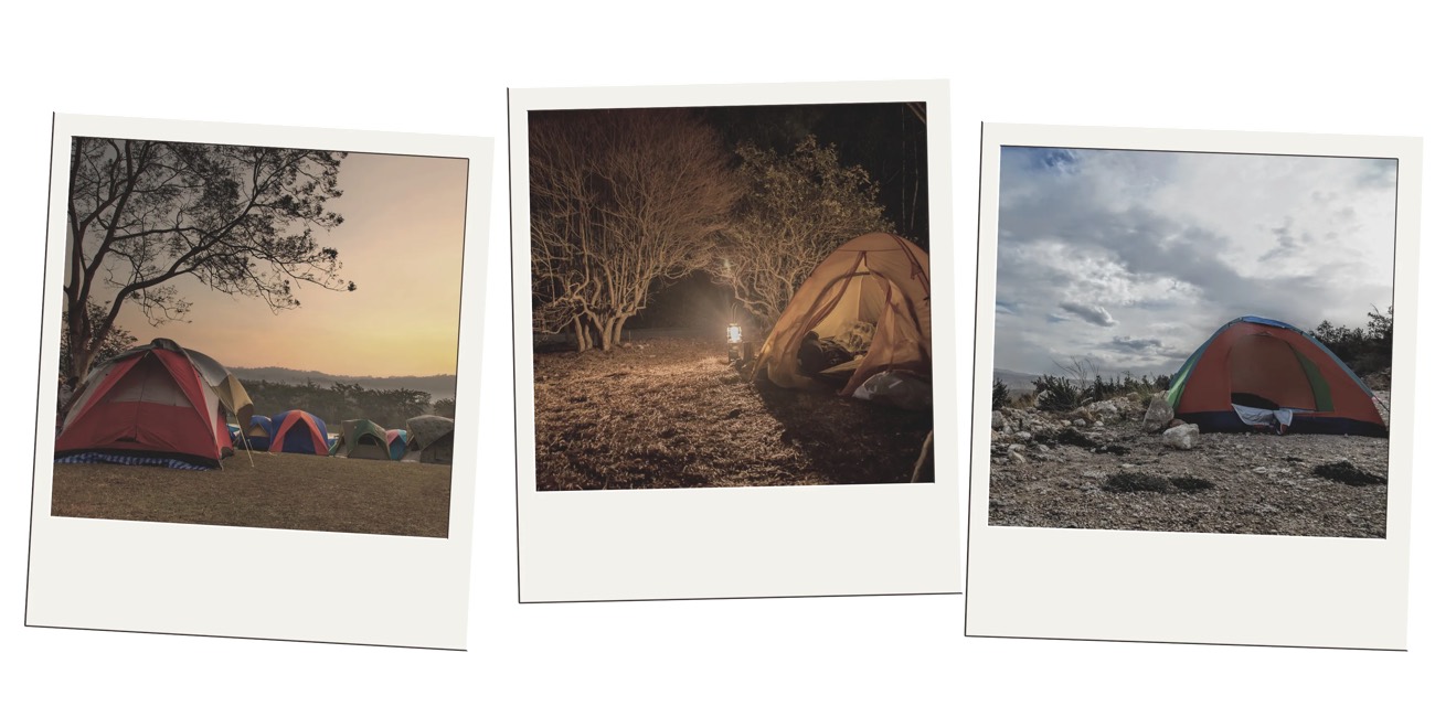 Three instant-photo frames of tents pitched at campsites, from dusk into night