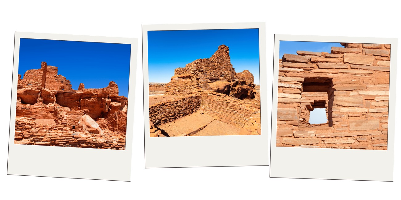 Three instant-photo frames of red sandstone pueblo ruins under a blue sky at Wupatki