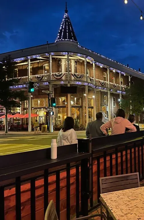 The Weatherford Hotel’s red sandstone facade and balconies in downtown Flagstaff