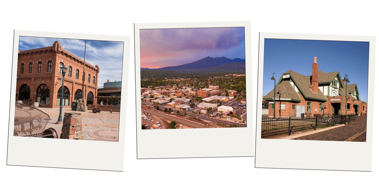 Instant-photo frames of downtown Flagstaff, the San Francisco Peaks, and the historic train depot
