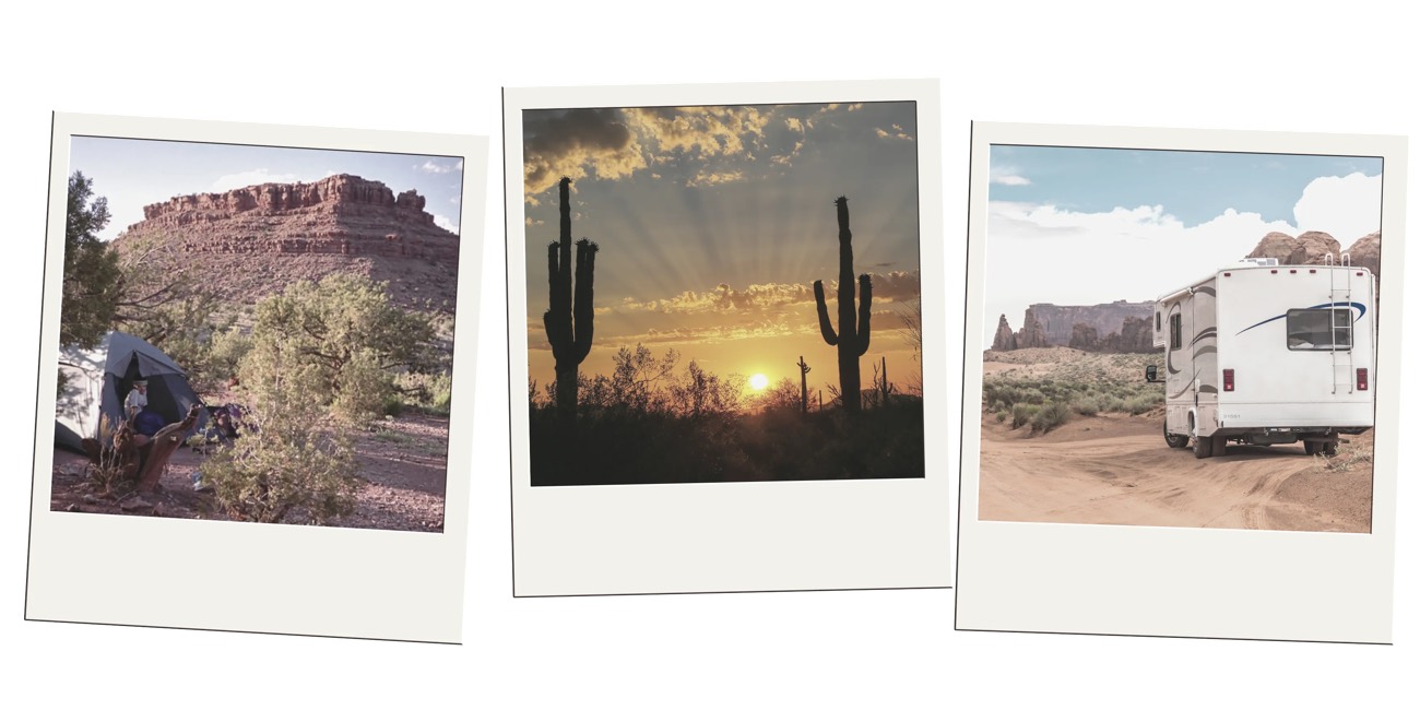 Polaroid trio of a desert campsite, saguaros at sunset, and an RV on a dirt road