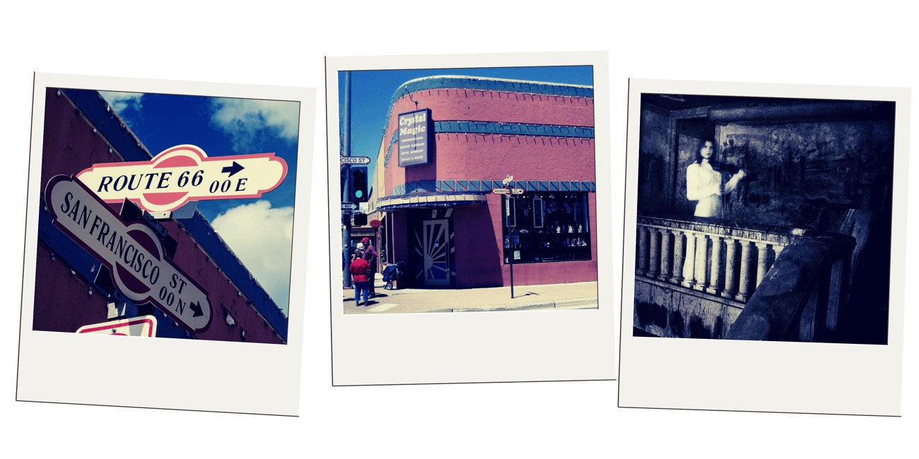 Polaroid trio of a Route 66 sign, the Crystal Magic storefront, and a ghostly staircase figure