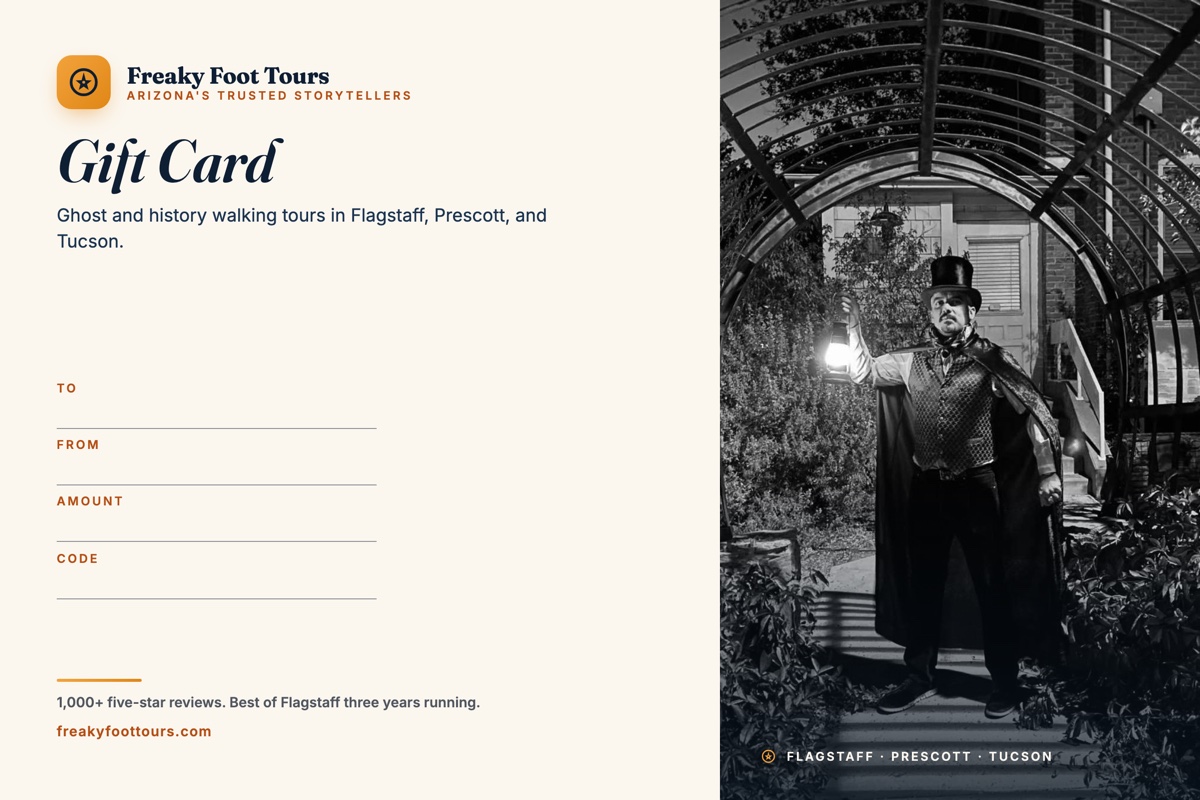 Freaky Foot Tours gift card, Blue Hour Photo design: a cream panel beside a lantern-lit guide at night