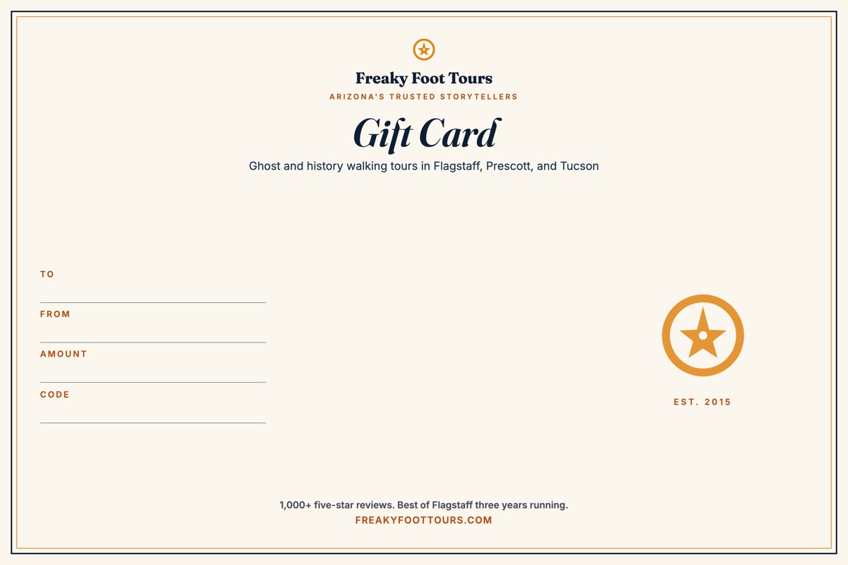 Freaky Foot Tours gift card, Cream Classic design: a bordered cream card with the compass seal