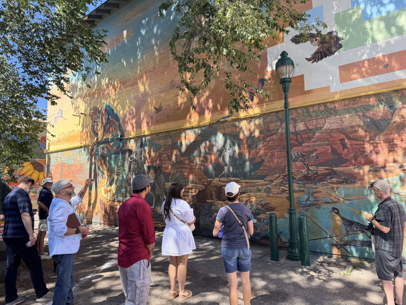 Dappled shade plays across a Grand Canyon dreamscape as the group picks out wolves, owls and roadrunners.