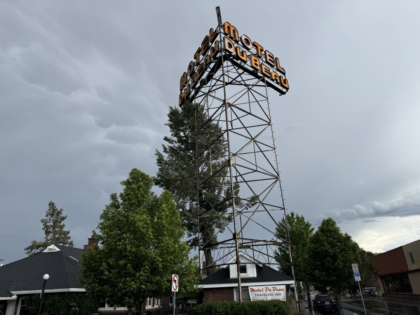 Storm clouds gather behind the Motel Du Beau tower, which has spelled out a Route 66 welcome since 1929.