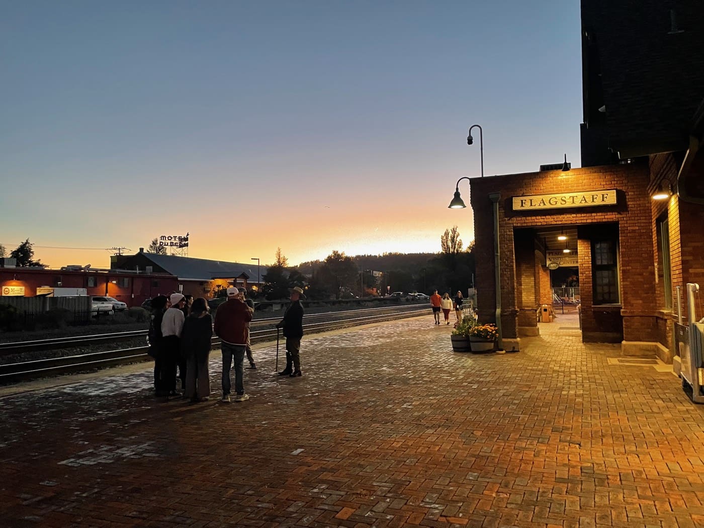 The 1926 red sandstone train depot in downtown Flagstaff at sunset