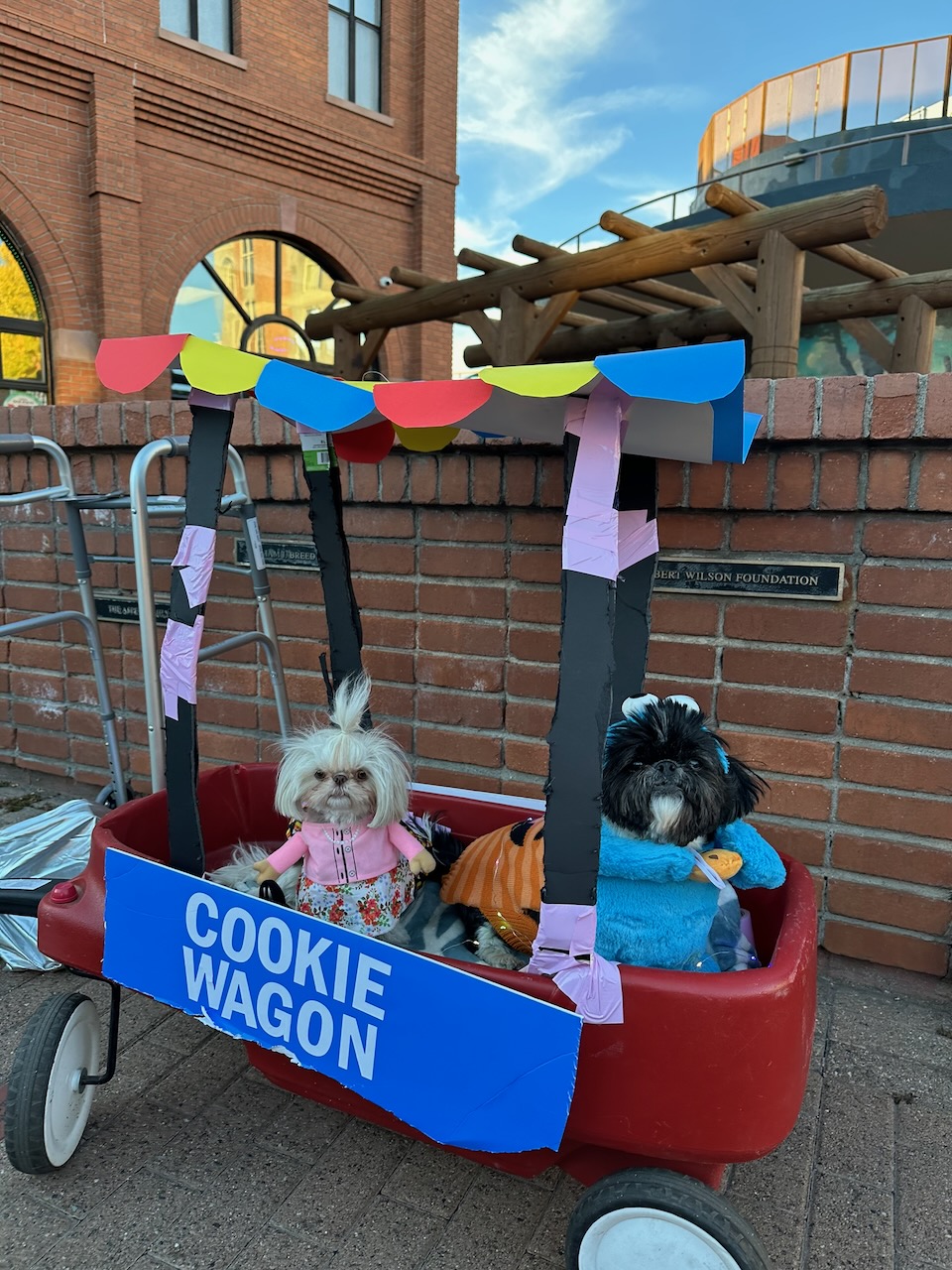 Two small dogs dressed as Bert and Ernie in a Cookie Waggon wagon at Howl-O-Ween 2025