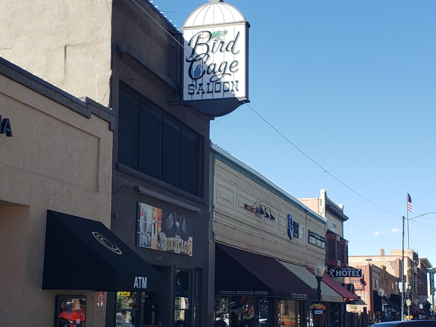 The Bird Cage Saloon's birdcage-shaped sign still marks one of the classic watering holes along Montezuma Street's saloon strip.