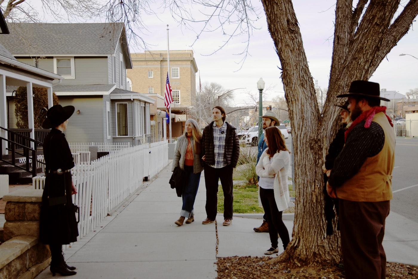 A Freaky Foot Tours group gathers outside the Hotel Vendome in Prescott, one of the most haunted stops on the walking tour where multiple ghosts have been reported by guests and staff.