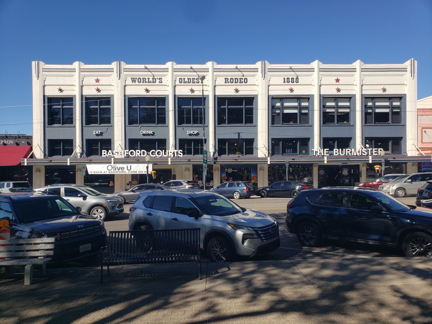 The Bashford Courts block proudly bills the town as home of the World's Oldest Rodeo, running every summer since 1888.
