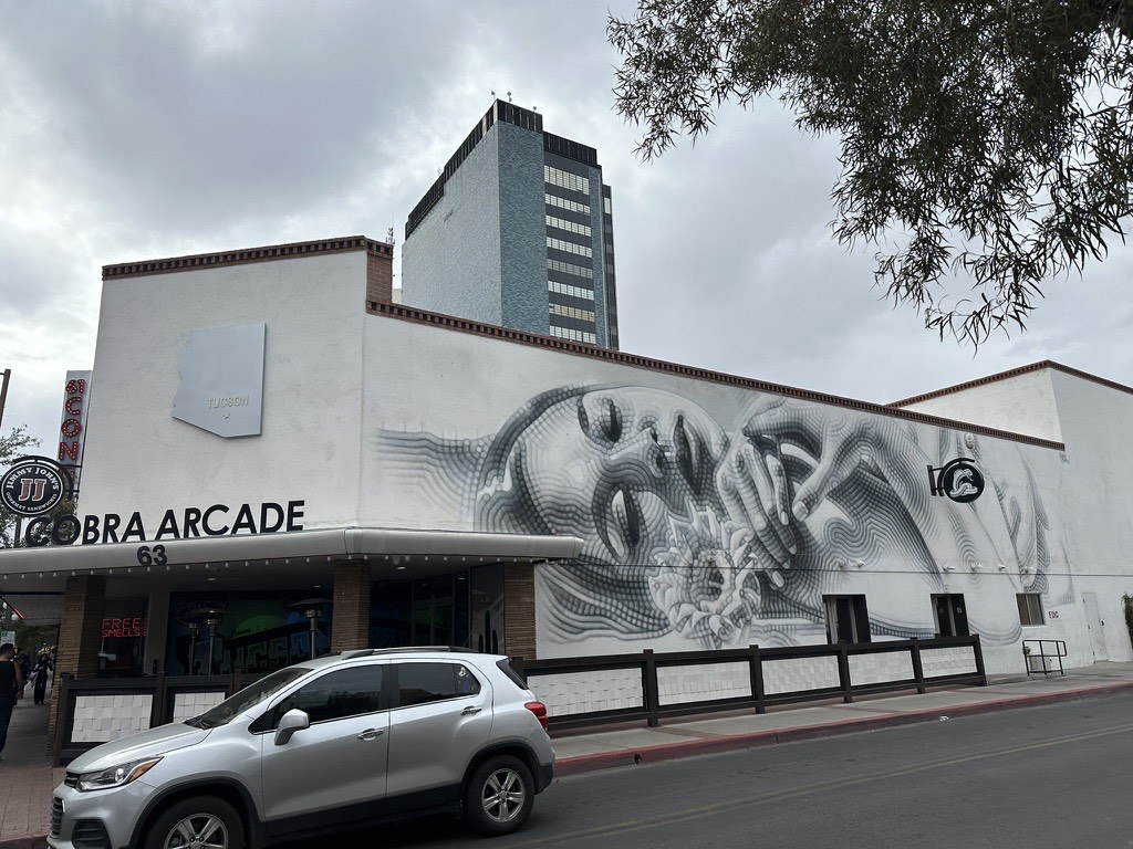The grayscale Cobra Arcade mural in downtown Tucson